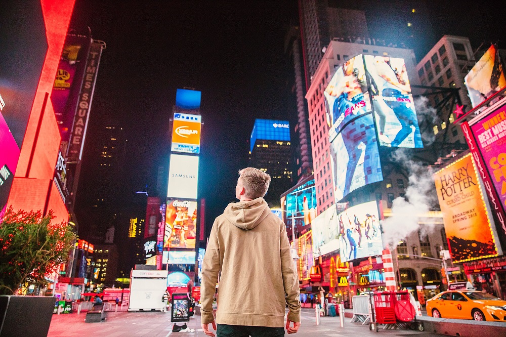 Times Square lights at night in New York City