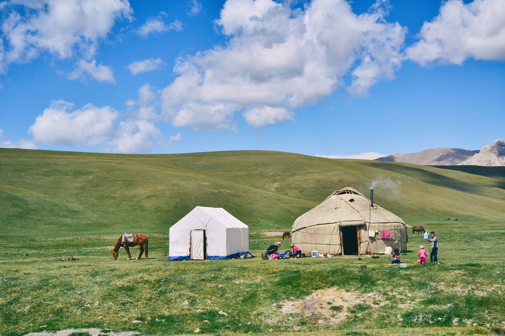 Remote camp at Song-Kul in Kyrgyz Mountains in Kyrgyzstan