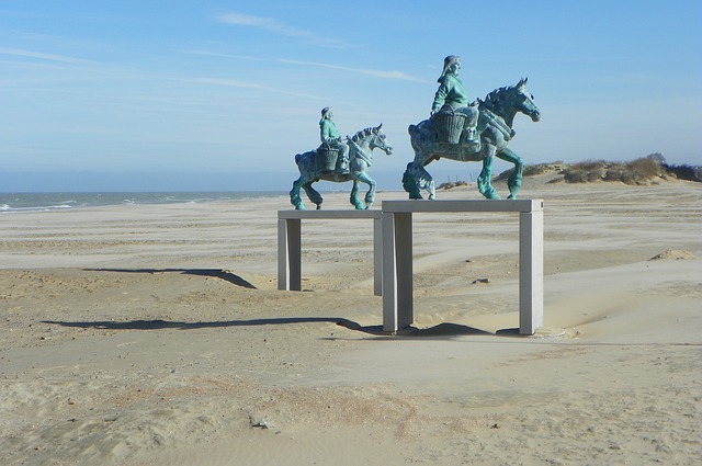 Shrimp fishermen on horseback statues in Oostduinkerke, Belgium