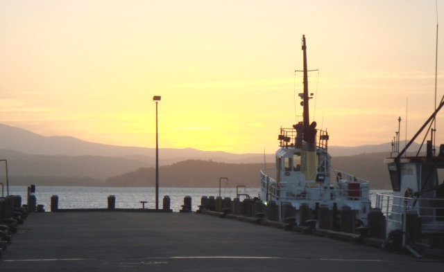 Eden Ferry at sunrise in NSW, highway 1 in australia 