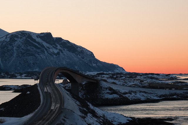 "Storseisundet bru winter" by Jørgen Vik; scenic drives in Norway